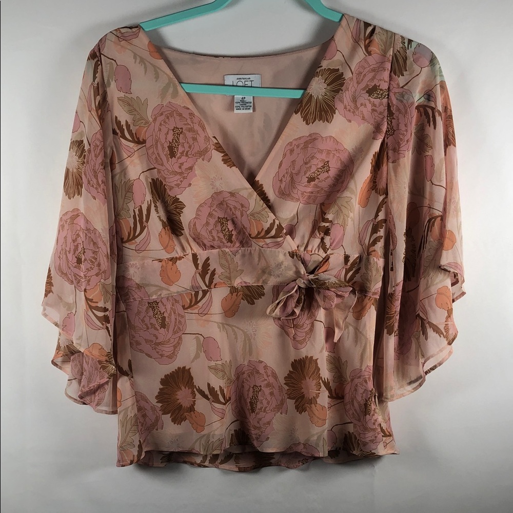 Fairy Grunge Floral Pink and Brown Babydoll Tie-Waist Chiffon Blouse Flare Sleev